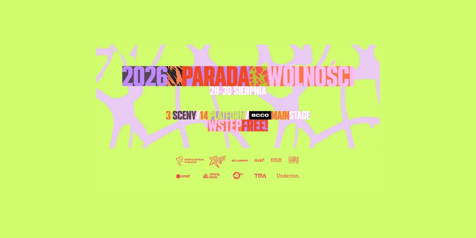 A minimalist poster for Parada Wolnosci 2026, featuring bold, colorful text and abstract purple shapes on a light green background, with dates, stage information, and sponsor logos.
